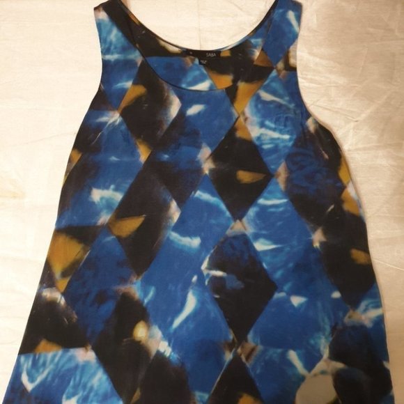 SABA AU-12 Blue/Black Abstract Sleeveless Top Scoop Neck Viscose/Silk Good Condi - Picture 8 of 11